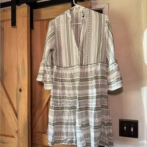 Green and White Casual Sundress with Bell Sleeves